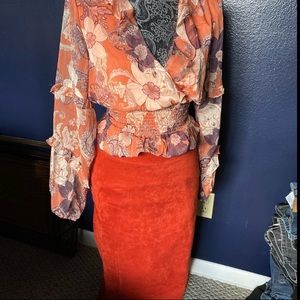 MARC NEW YORK RUST PENCIL SKIRT, FAUX SUEDE, ELASTIC WAIST BAND XS/S